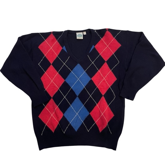 Cambridge Dry Goods 100% Pure New Wool Argyle Diamond Pattern Men’s Large V-Neck - Picture 1 of 6
